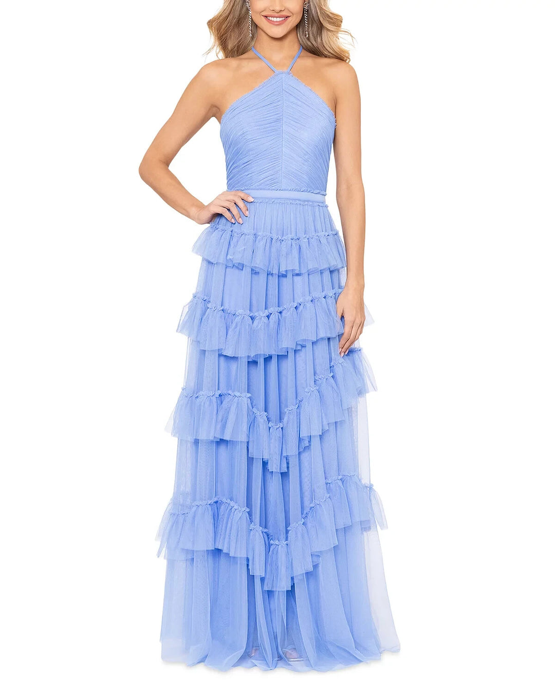 AQUA Tulle Tiered Ruffle Gown MSRP $318