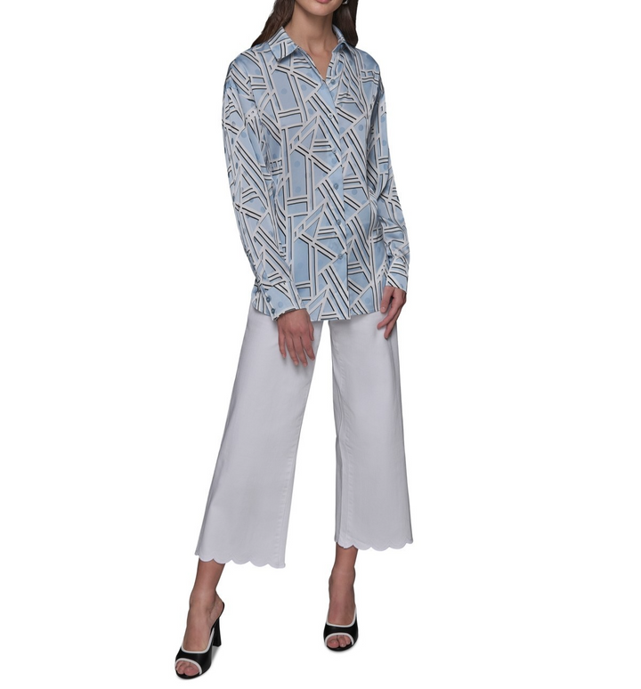 KARL LAGERFELD PARIS Satin Geo-Print Oversized Button-Front Top MSRP $89