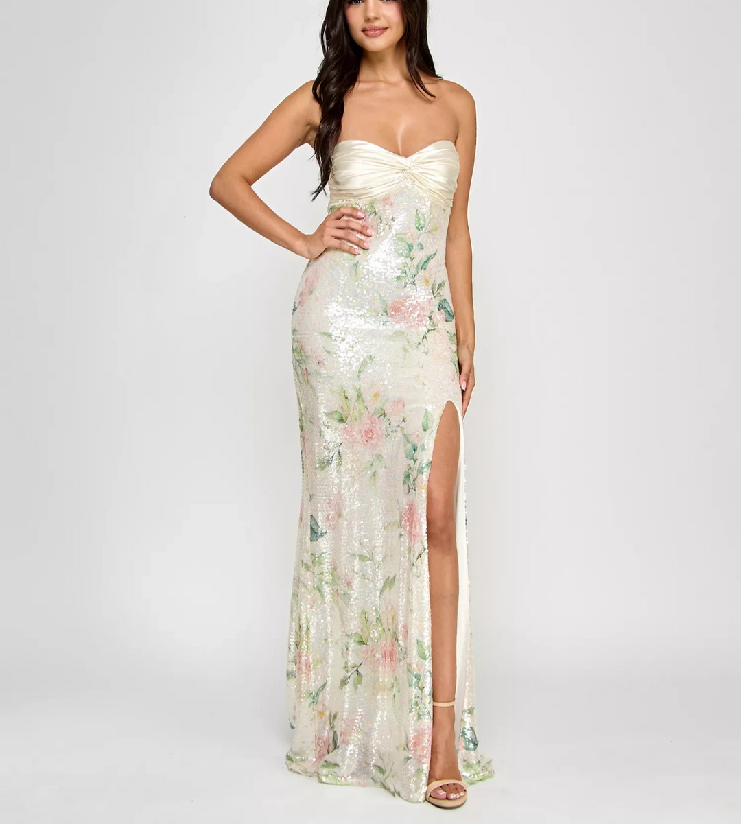 City Studios Juniors' Satin Twist-Front Bow-Back Sequined Gown MSRP $129