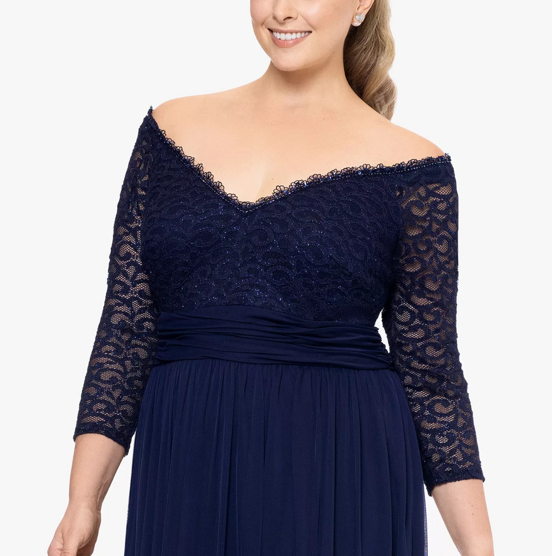 Betsy & Adam Lace Off-The-Shoulder 3/4-Sleeve Gown MSRP $298