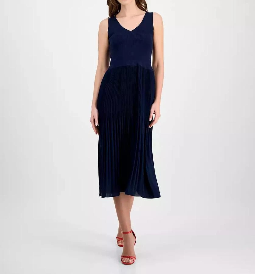 T Tahari Women's Ribbed Pleated Sleeveless Fit & Flare Dress MSRP $128