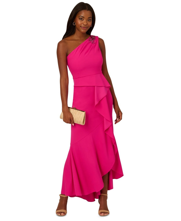 Adrianna Papell Women's Beaded One-Shoulder Crepe Gown MSRP $159