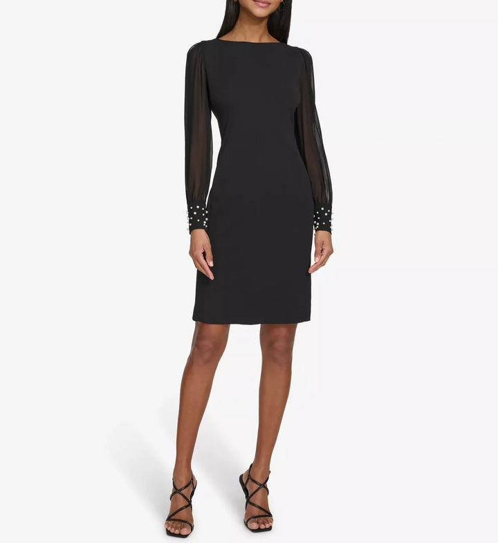 KARL LAGERFELD PARIS Illusion-Sleeve Beaded-Cuff Dress MSRP $138