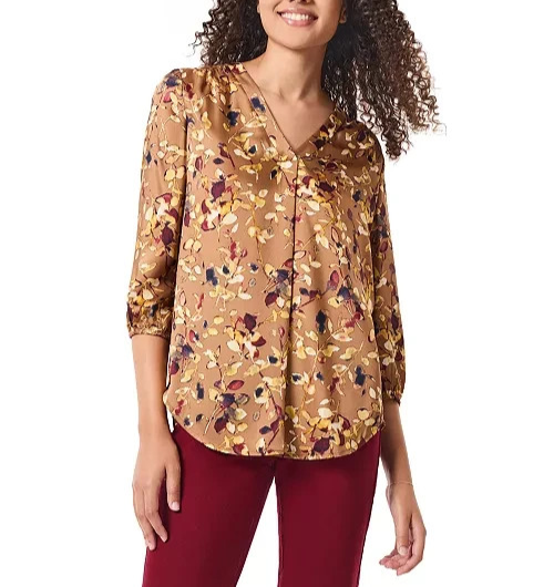 Jones New York Floral-Print 3/4-Sleeves V-Neck Blouse MSRP $79