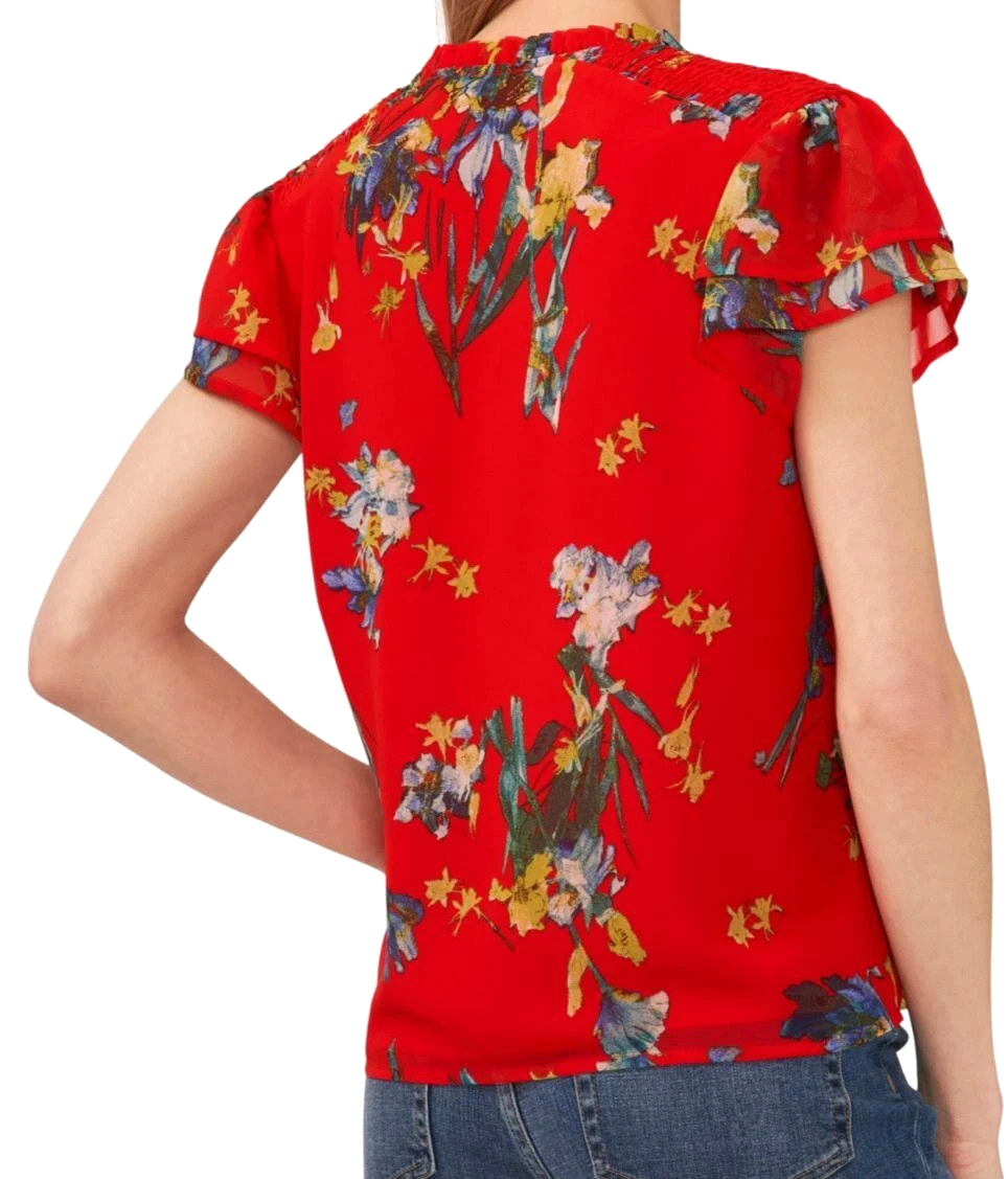 CeCe Tie Neck Tier Flutter Ruffled Blouse MSRP $79