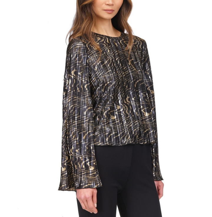 MICHAEL Michael Kors Printed Pleated Bell-Sleeve Top MSRP $110