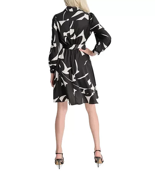 DKNY Printed Tie-Waist Collared Camp Shirtdress MSRP $139