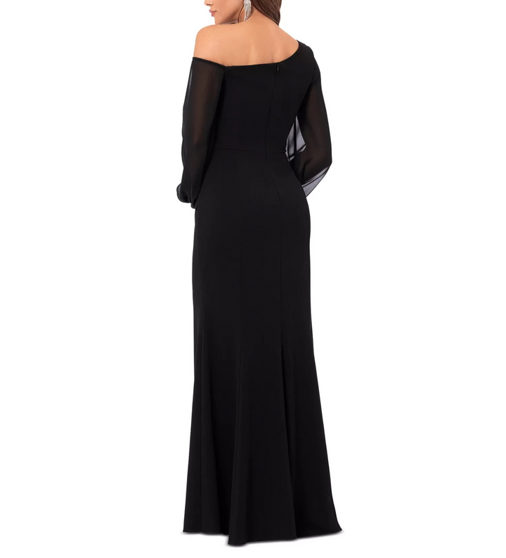 Betsy & Adam  One-Shoulder Sheer-Sleeve Evening Gown MSRP $259