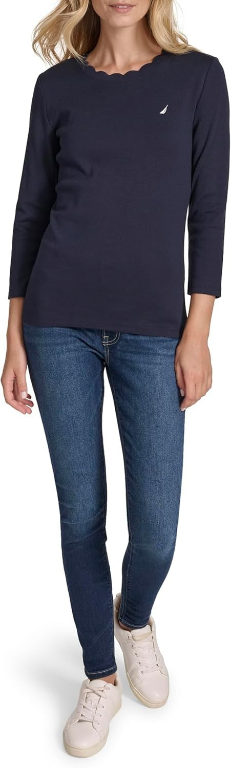 Nautica Jeans Women's Blue Cotton Scalloped-Neck 3/4-Sleeve Top MSRP $44.50