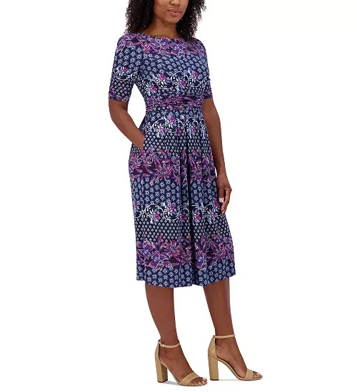 Jessica Howard Printed Ruched-Sleeve Midi Dress MSRP $109
