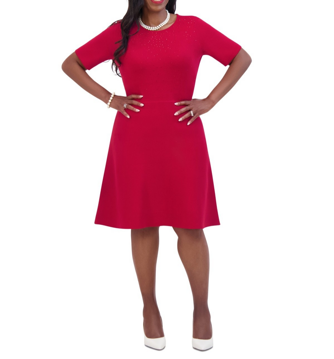 Kasper Embellished Short-Sleeve Fit & Flare Dress MSRP $119 DGFOutlet Kasper Embellished Short-Sleeve Fit & Flare Dress MSRP $119 DGFOutlet