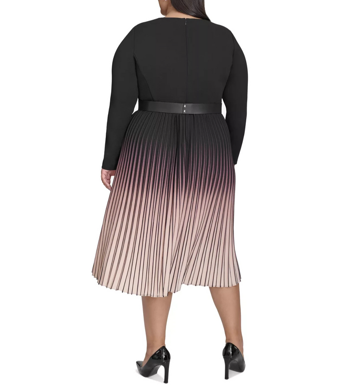 DKNY Plus Size Ombré Belted Pleated-Skirt Long-Sleeve Dress MSRP $169