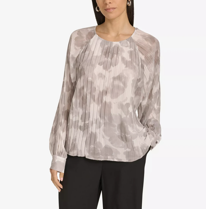 Calvin Klein Women's Printed Pleated Raglan-Sleeve Top MSRP $99