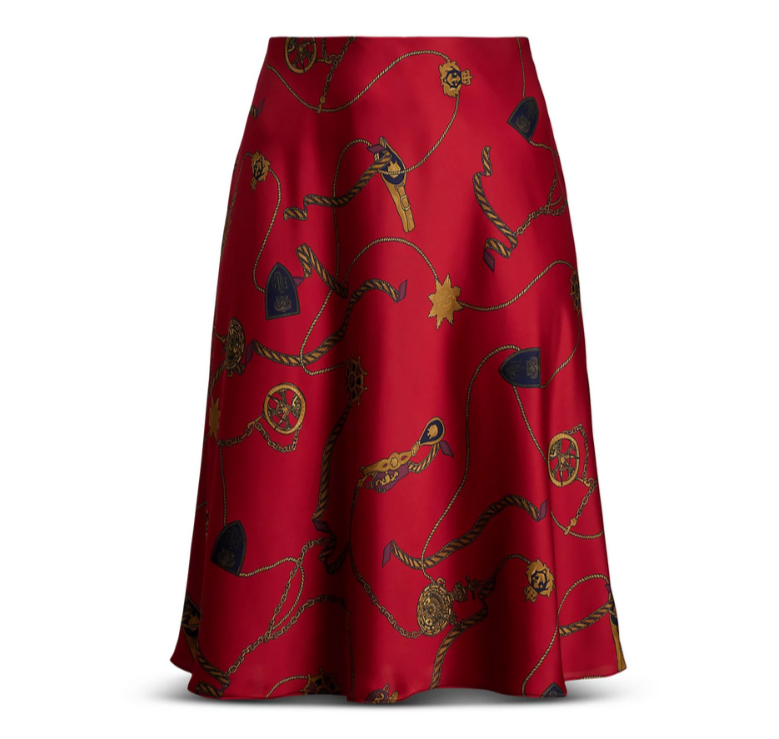 Lauren Ralph Lauren Belting-Print Satin Charmeuse Midi Skirt MSRP $175