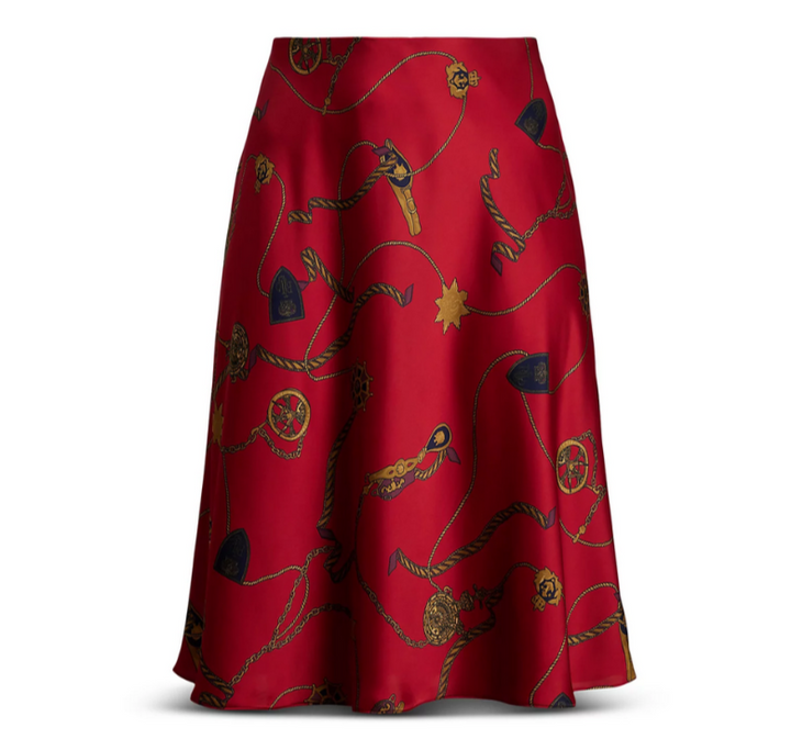 Lauren Ralph Lauren Belting-Print Satin Charmeuse Midi Skirt MSRP $175