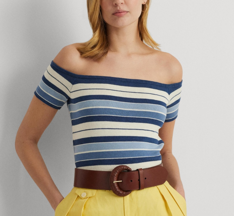 Lauren Ralph Lauren Striped Off-The-Shoulder Sweater MSRP $125