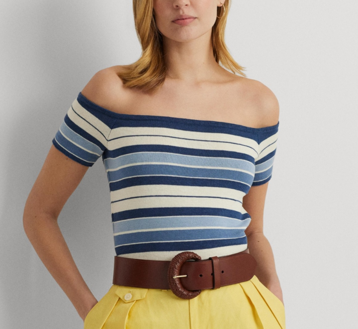 Lauren Ralph Lauren Striped Off-The-Shoulder Sweater MSRP $125
