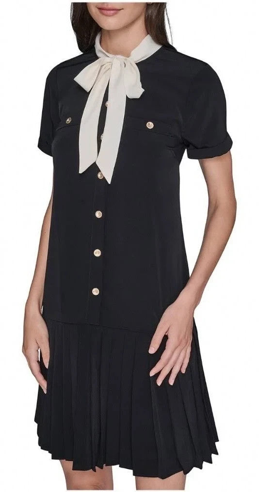 Karl Lagerfeld Paris Bow Neck Pleated Skirt Dress MSRP $148