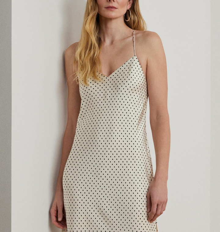 Lauren Ralph Lauren Polka-Dot Satin Charmeuse Slip Dress MSRP $185