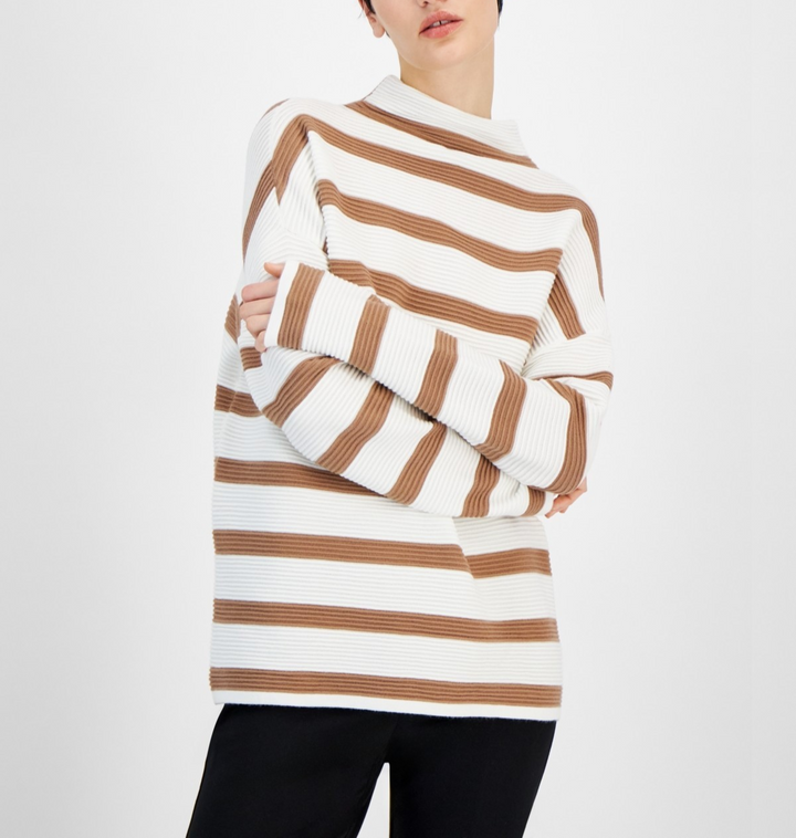 T Tahari Funnel-Neck Stripe-Print Sweater MSRP $78