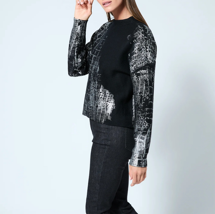 Adrienne Landau Crocodile Foil Print Funnel Neck Sweater MSRP $295