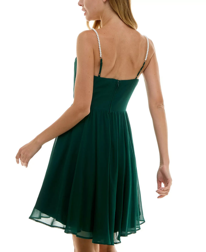 City Studios Juniors' Pearl-Strap Chiffon Sleeveless Fit & Flare Dress MSRP $79