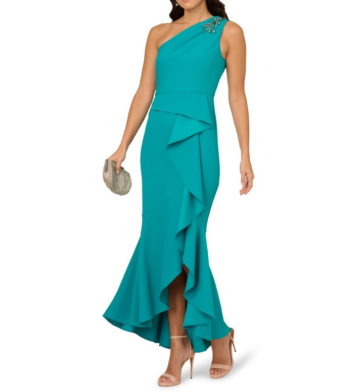Adrianna Papell Women's Beaded One-Shoulder Crepe Gown MSRP $159