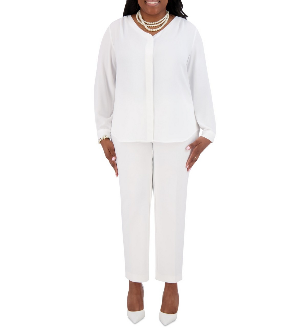 Kasper V-Neck Button-Front Long-Sleeve Blouse MSRP $69