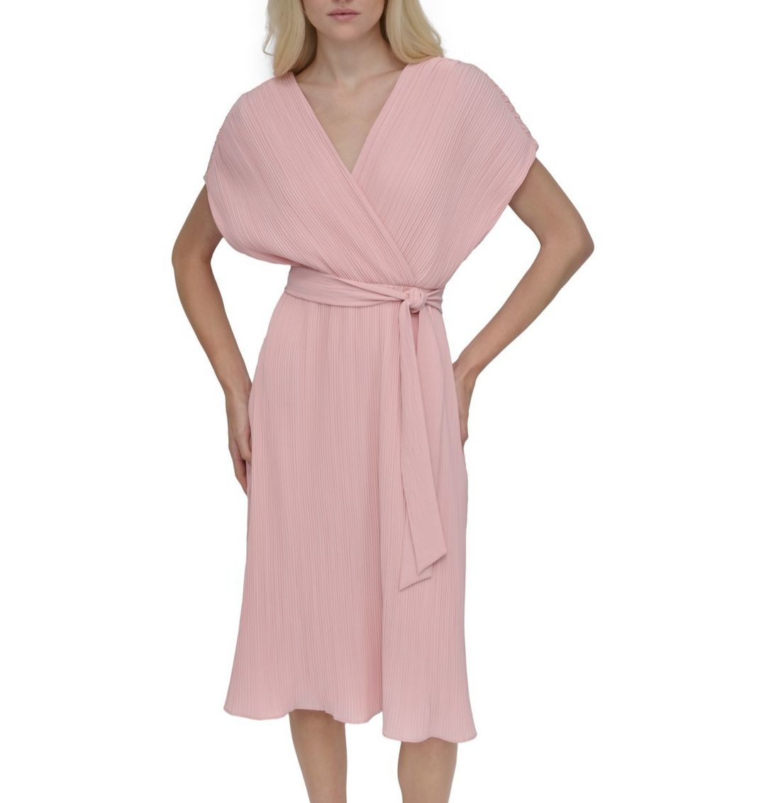 DKNY Women's Pleated Surplice-Neck Faux-Wrap Dress MSRP $169