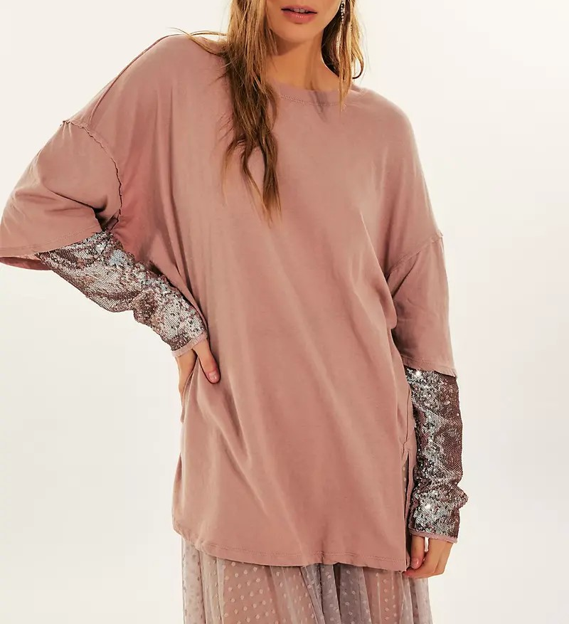 Free People Nellie Sequin Sleeve Tee MSRP $98