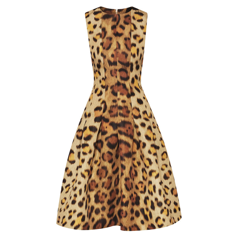 Oscar de la Renta Jaguar Print Pleated Faille Cocktail Dress MSRP $3690