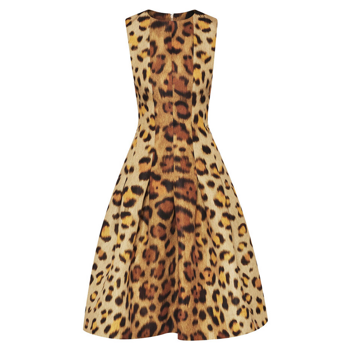 Oscar de la Renta Jaguar Print Pleated Faille Cocktail Dress MSRP $3690