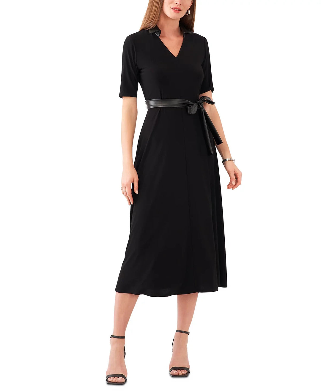 MSK V-Neck Faux-Leather-Trim Tie-Waist Dress MSRP $79
