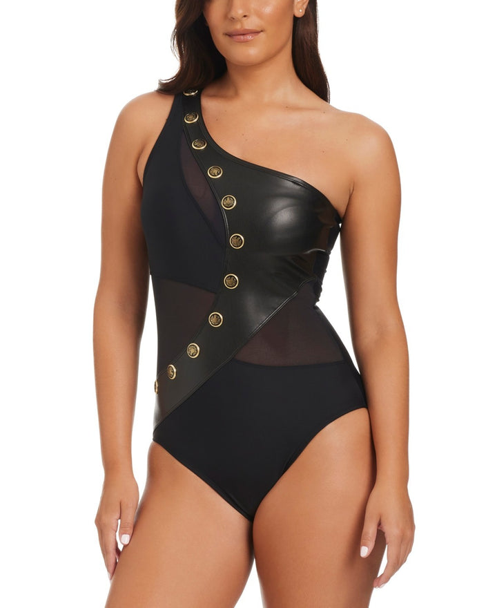 Beyond Control Faux-Leather One-Shoulder One-Piece Swimsuit MSRP $129