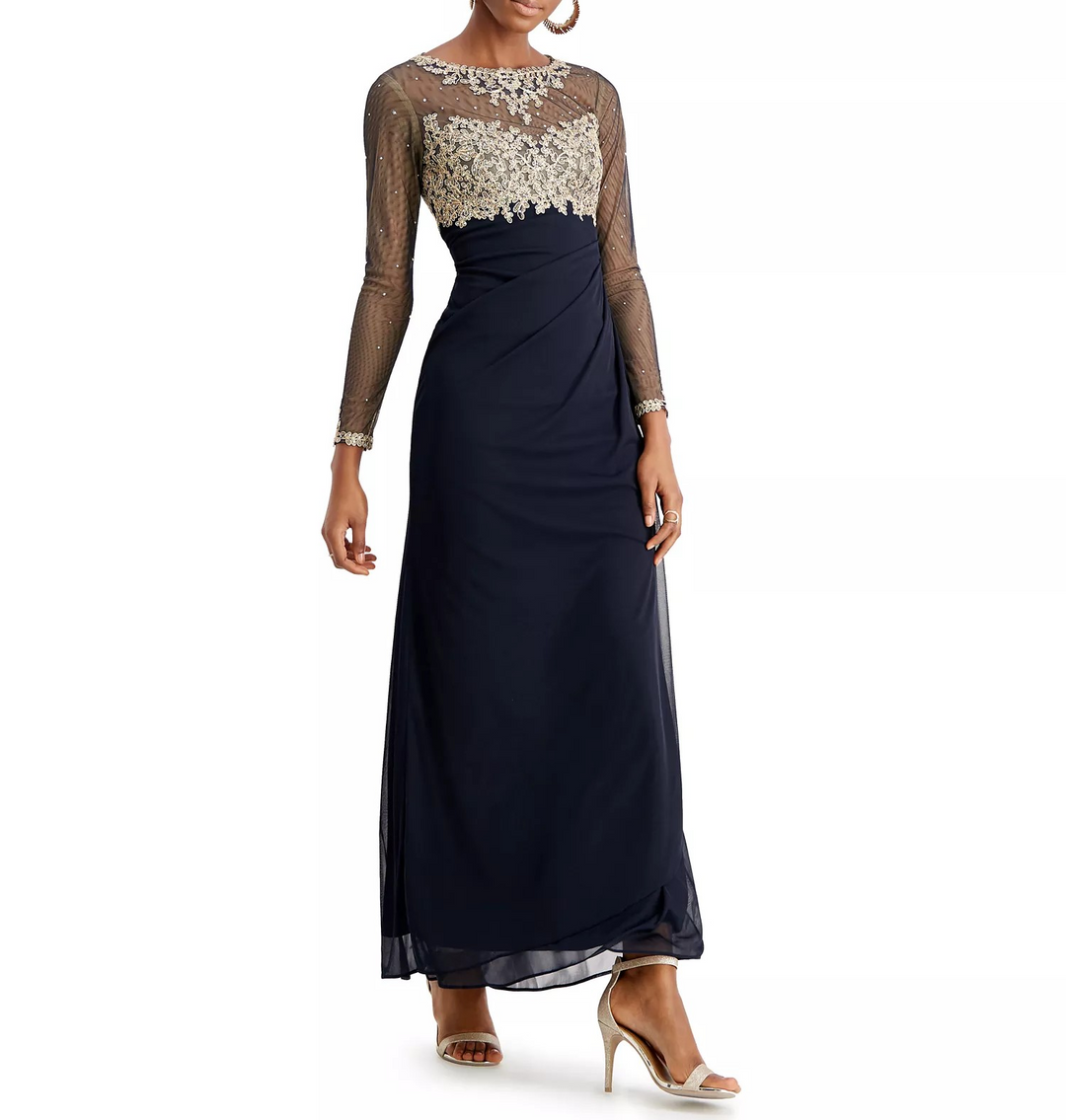 xscape petite long sleeve embellished skirt dress XSCAPE Petite Embellished Illusion-Bodice Ruched Gown MSRP $249 – DGFOutlet