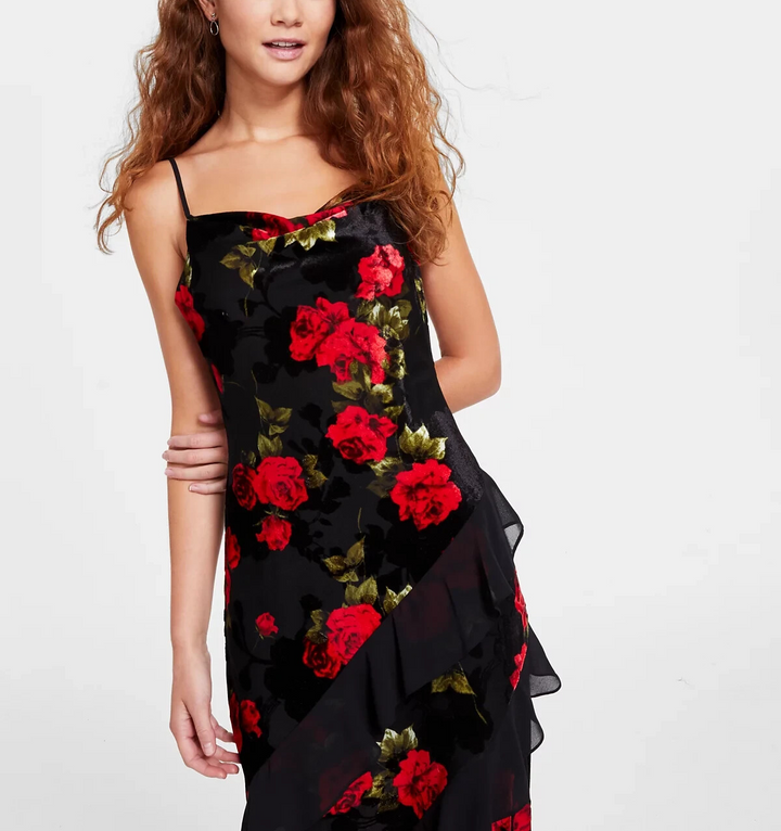 BCX Juniors Tiered Ruffles Rose Print Velvet Burnout Maxi Dress MSRP $79