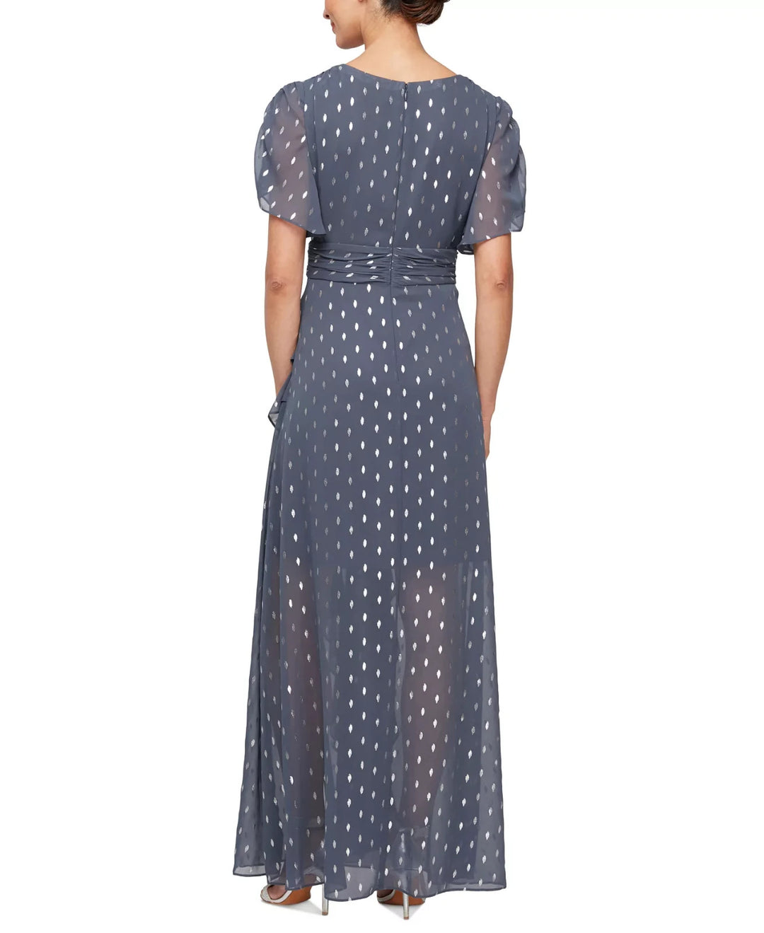SL Fashions Foil-Print V-Neck Ruffle-Trim A-Line Dress MSRP $149