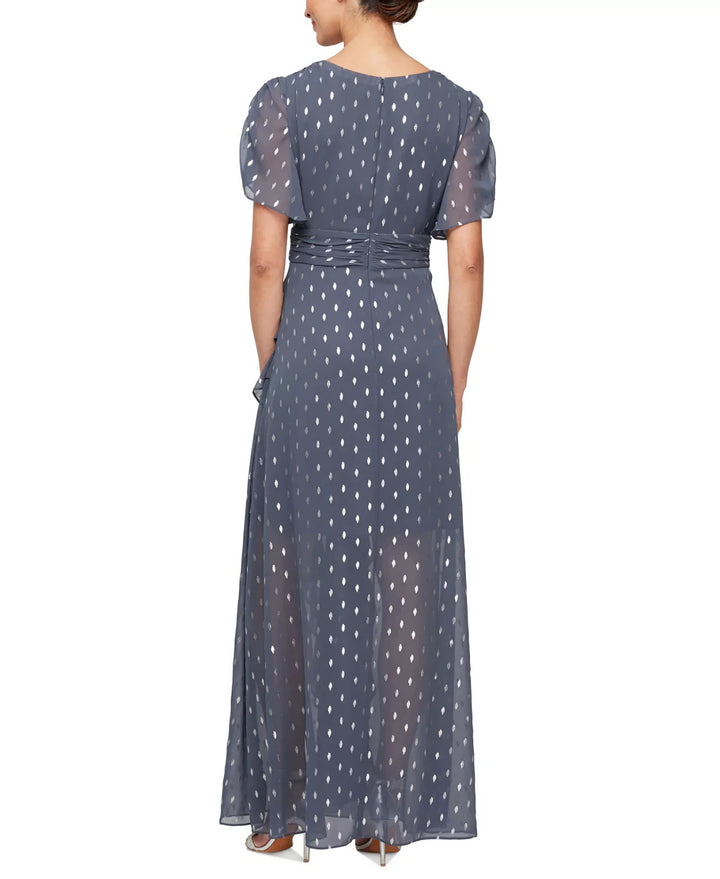 SL Fashions Foil-Print V-Neck Ruffle-Trim A-Line Dress MSRP $149