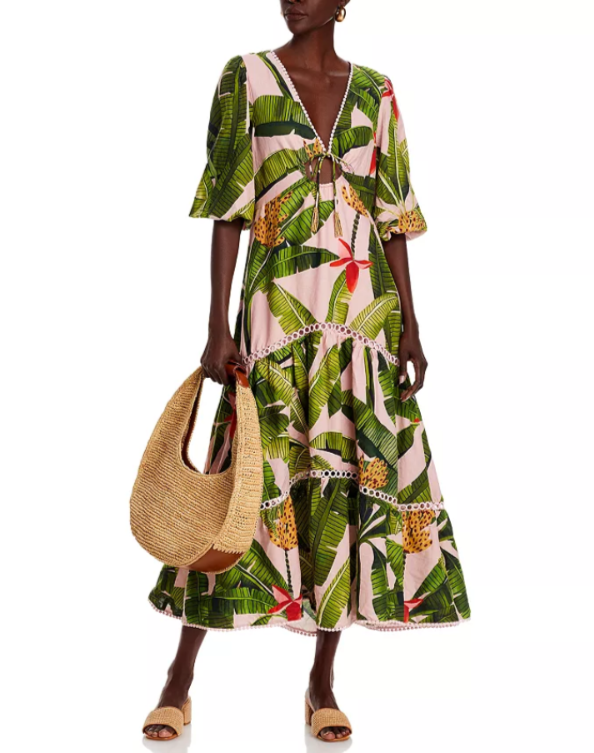 FARM Rio Banana Leaves Pink Tiered Dress MSRP $285