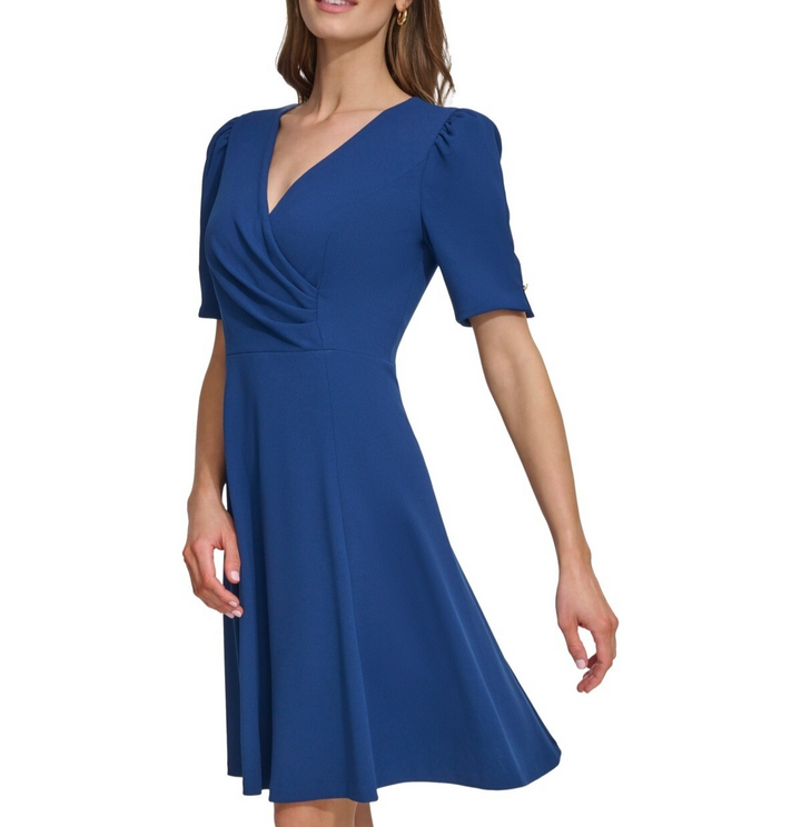 DKNY Draped-Front Puff-Shoulder A-Line Dress MSRP $119