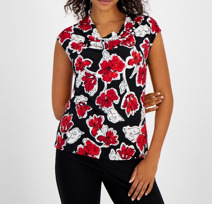 Kasper Women's Floral-Print Cowl-Neck Sleeveless Top MSRP $49