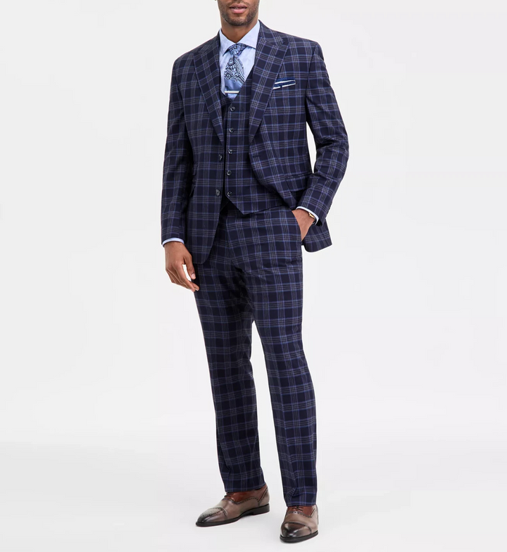 Tayion Collection Men's Classic-Fit Blue Plaid Suit Separate Jacket MSRP $360