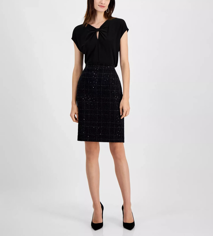 Kasper Women's Plaid Sequin Pencil Skirt MSRP $79