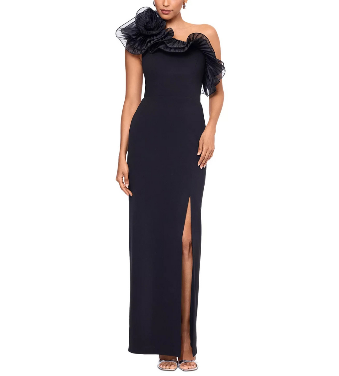 XSCAPE Layered Rosette-Trim One-Shoulder Gown MSRP $259