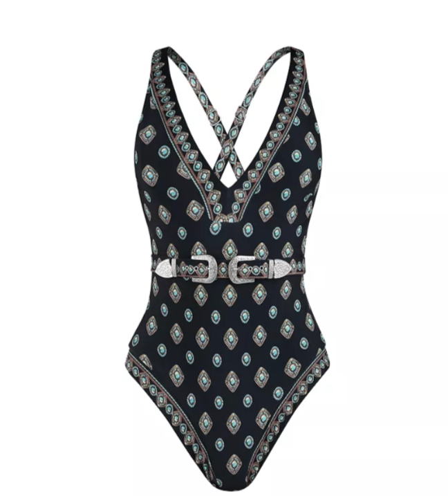 L'AGENCE Lisa South Western Plunge Belted One Piece Swimsuit MSRP $358