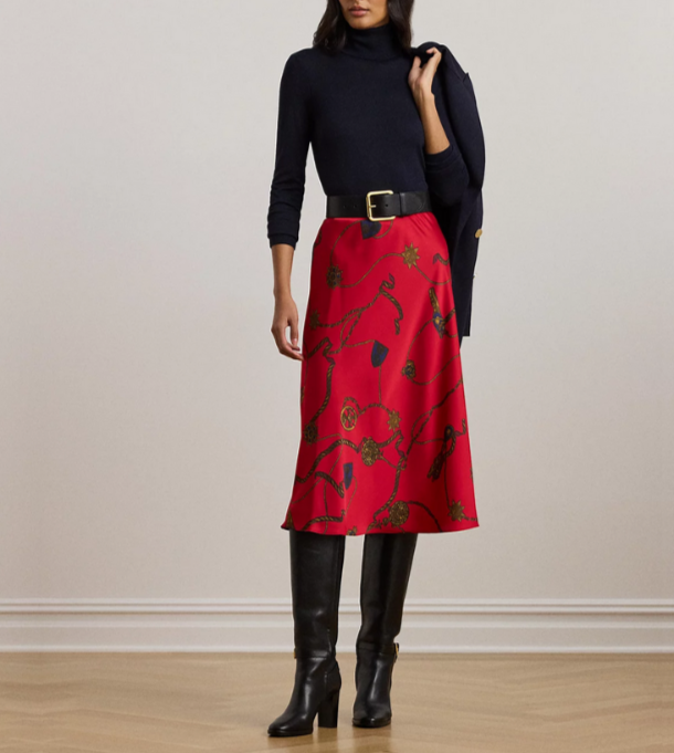 Lauren Ralph Lauren Belting-Print Satin Charmeuse Midi Skirt MSRP $175