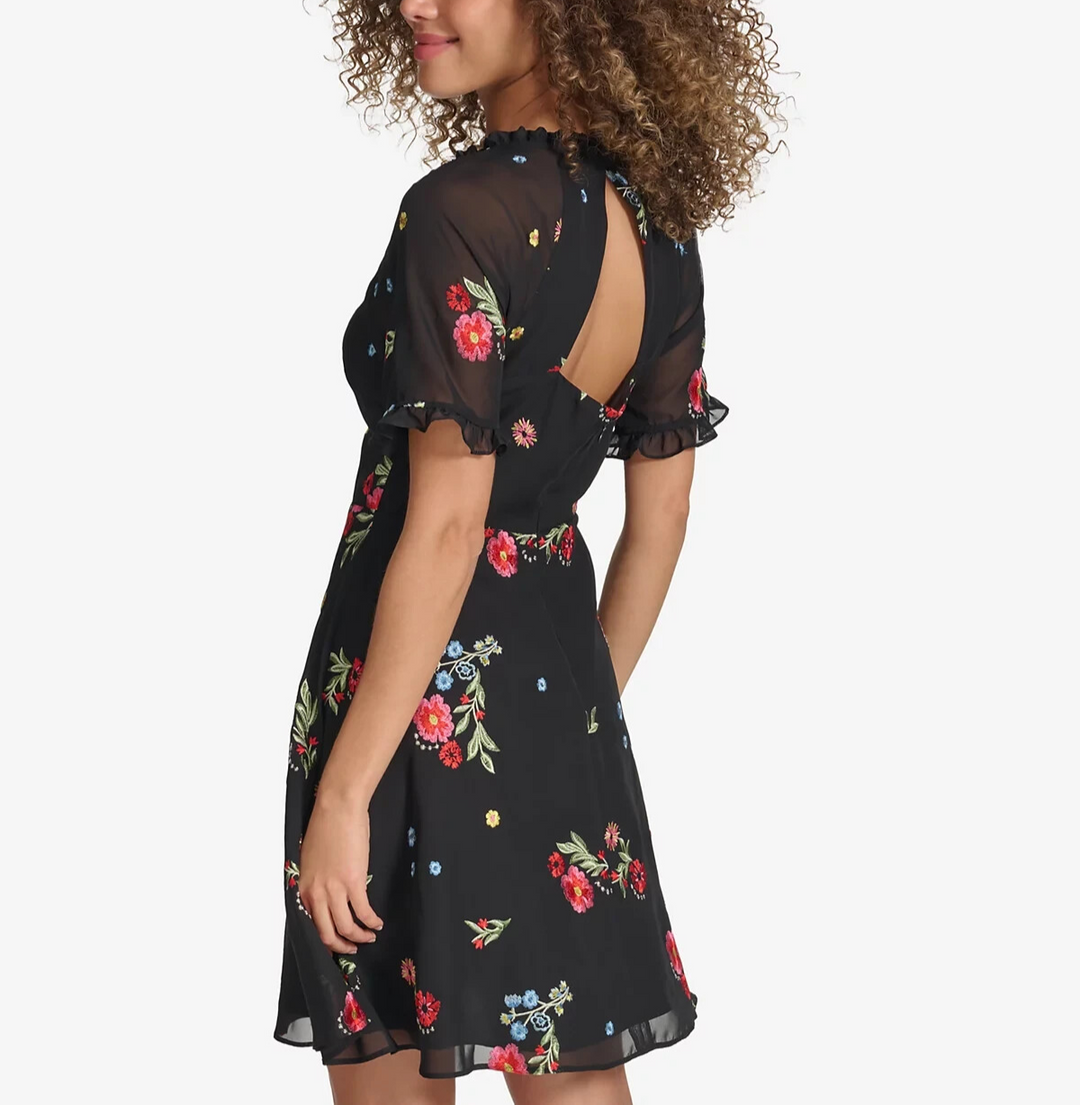 kensie Embroidered Chiffon Back-Cutout Dress MSRP $128