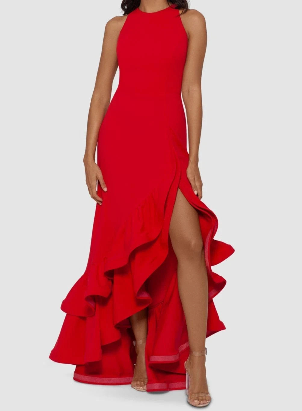 Betsy & Adam Women's Halter Neck Ruffle Tier Scuba Crepe Gown MSRP $259