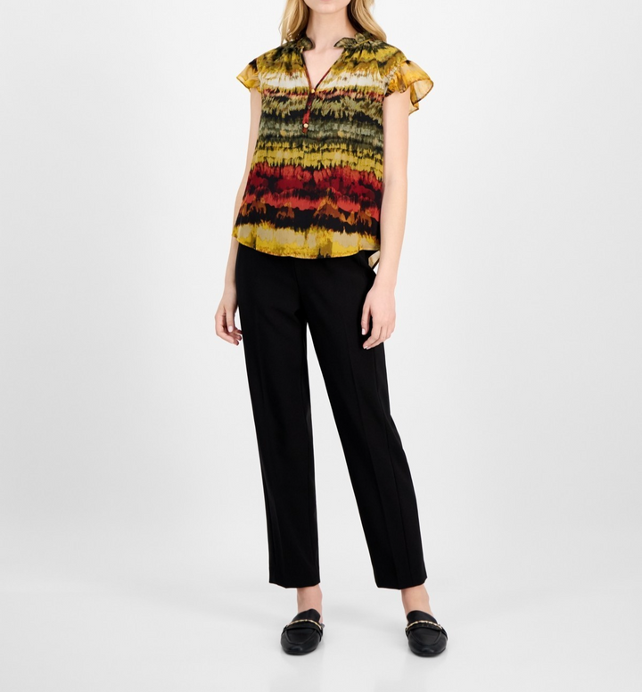 Anne Klein Printed Ruffled-Neck Flutter-Sleeve Chiffon Top MSRP $79