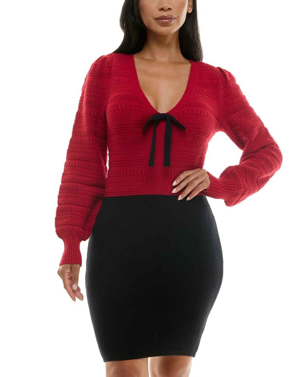 Bcx Juniors' V-Neck Long-Sleeve Bow-Trim Sweater Dress MSRP $69